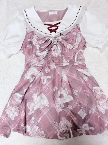 LIZLISA 리즈리사 sewing bear 패턴 셋업 반팔 레드