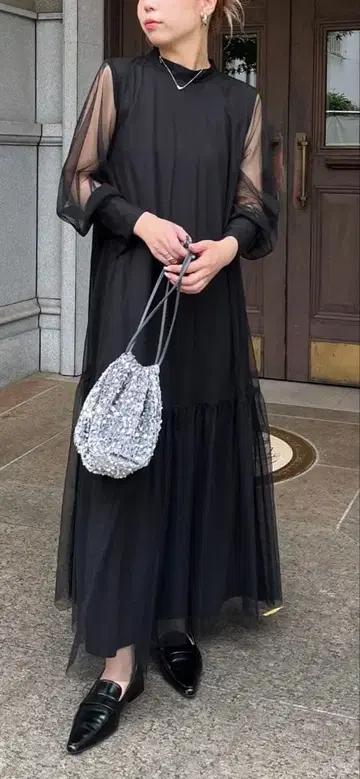 CAPRICIEUX LEMAGE 포멀 튤 하이넥 원피스 블랙