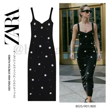 일본 완판템 [ ZARA ] 스트레치 플라워 프린트 미디 원피스