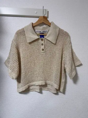 CITEN 메쉬 니트 피케 셔츠 반팔 베이지 크롭 기장 시스루 짜임