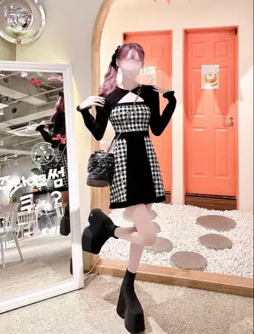 최종 가격 인하 하니뮤 백리본 x 깅엄 하트 앙상블 원피스