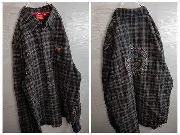 아메카지 백 자수 빅 로고 체크 긴팔 플란넬 셔츠 L 다크 그레이