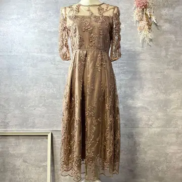 하레모드 꽃무늬 자수 미디 기장 드레스 모카 리본 결혼식 작은 사이즈 S