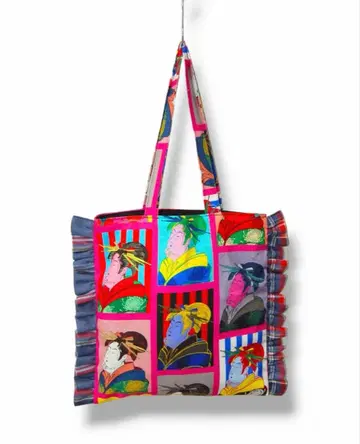 우키요에 일본풍 패턴 x 타탄 체크 프릴 토트백