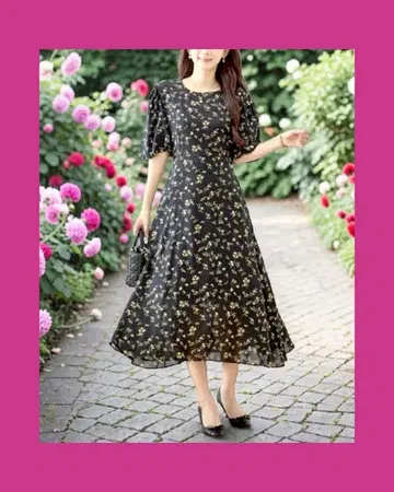 블랙 베이스에 옐로우 컬러 꽃 패턴 엘레강스 스타일 원피스 ML