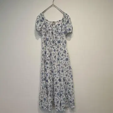 인디고 로즈 꽃무늬 티어드 원피스 스퀘어 넥 퍼프 슬리브 S