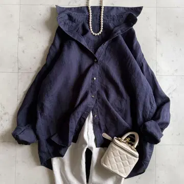 새상품급 라운지 드레스 골드 버튼 린넨 100% 백 버튼 셔츠 네이비