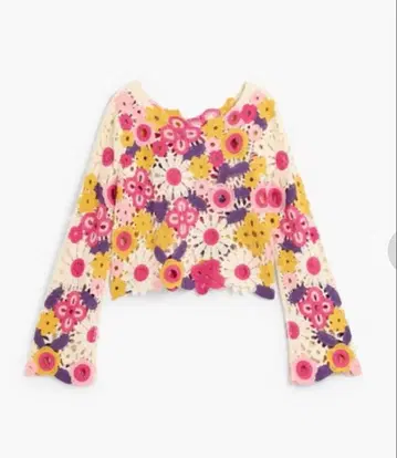 Desigual 퍼플 멀티 플로럴 크로셰 편직 크롭 슬리브 니트