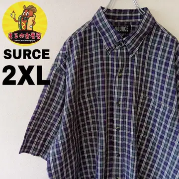 USA 구제 의류 SOURCE 반팔 버튼 셔츠 2XL 퍼플 그린 체크