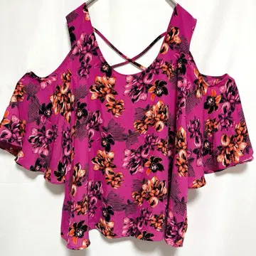 꽃무늬 블라우스 오픈숄더 플레어슬리브 L 보라색 복숭아색 폴리에스테르