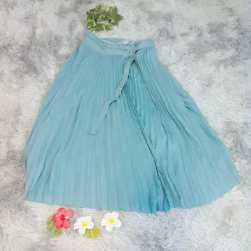 [ INED ] 스카이블루 플리츠 스커트 리본 포함 시스루 롱 (13)