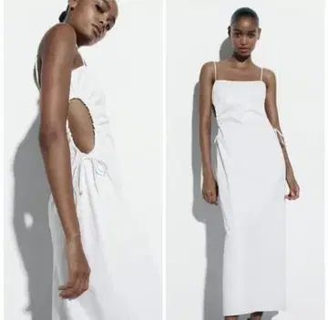 ZARA 개버딘 미디 원피스 컷 아웃 디테일 코튼