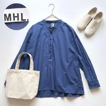 MHL. 밴드 카라 코튼 셔츠 블루 긴팔 사이즈 1 하프 버튼