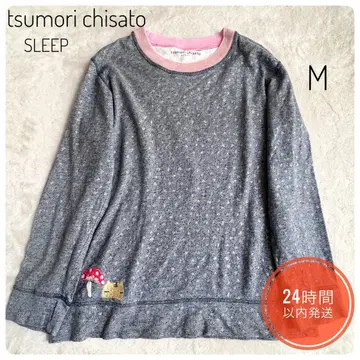 츠모리치사토 쓰리 맨투맨 룸웨어 고양이 버섯 자수 멜란지 그레이