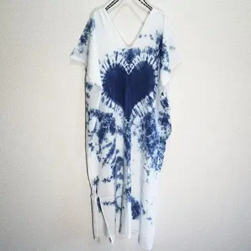 인디고 수제 염색 슬릿 장식 동양풍 튜닉 원피스 하트 화이트 베이스