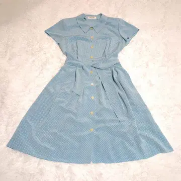 도쿄 스타일 레트로 원피스 무릎 기장 스카이블루 도트 무늬 반팔
