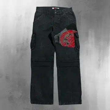 도둑 일기 스트레이트 데님 카고 데님 일본풍 패턴 자수 빈티지 가공