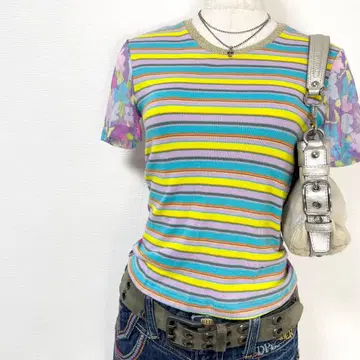 y2k 00s D&G 멀티 보더 꽃무늬 메쉬 앞뒤 절개 티셔츠