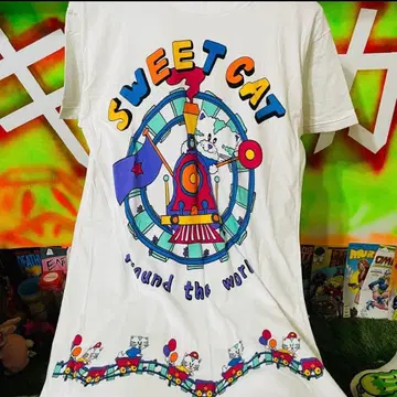 레어 90s 레트로 애니멀 기차 컬러풀 롱 티셔츠