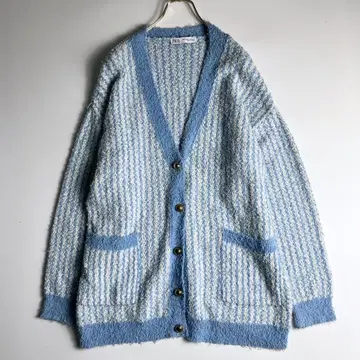 새상품급 ZARA 자라 스트라이프 파일 원단 오버 가디건 파랑 화이트 L