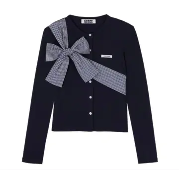 크랭크 리본 타이 니트 가디건 네이비
