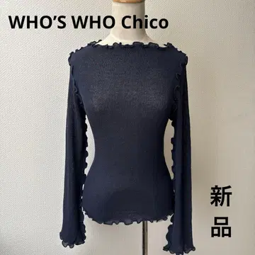 새상품 Chico 치코 네이비 리브 프릴 긴팔 메로우 시스루 니트