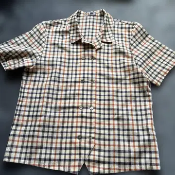 DAKS 닥스 반팔 셔츠 체크 무늬 브라운 린넨