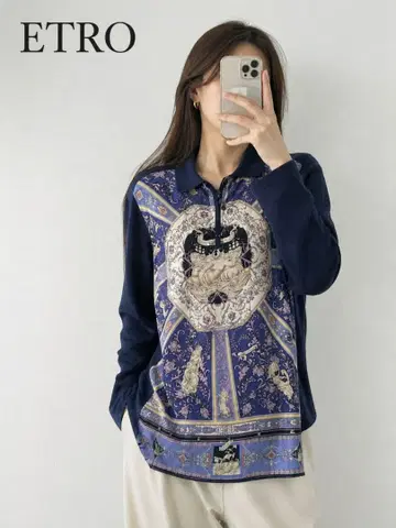 ky317 ETRO 긴팔 스카프 패턴 상의 42(L 상당) 네이비 계열