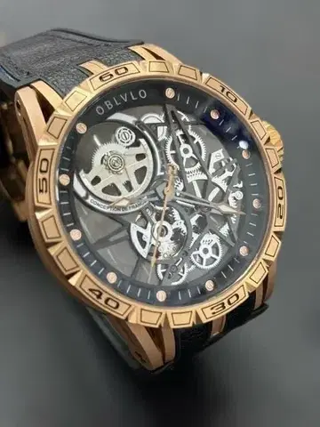OBLVLO 남성용 자동 와인딩 손목시계 스켈레톤 러버