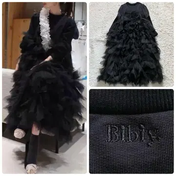 컨디션 최상 Bibiy 마르셀린 튤 원피스 로고 자수 롱 기장 블랙