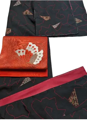 코몬 기모노 블랙 베이스 번개 패턴 나고야 오비 풀세트 시치토츠키