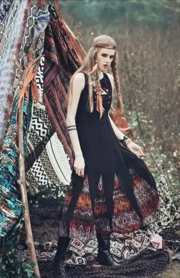 NATURAL PRINCESS 맥시 길이 원피스 히피 에스닉