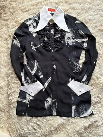 루나마티노 올 패턴 셔츠 초상화 패턴 프릴 셔츠 긴팔 사이즈 46 모노톤