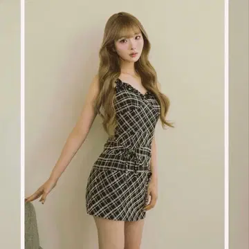 다리치 트위드 체크 리본 미니 원피스 (블랙)
