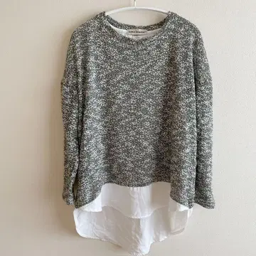 코튼 폴리 니트 크루넥 긴팔 백산 멜란지 S 그린 화이트