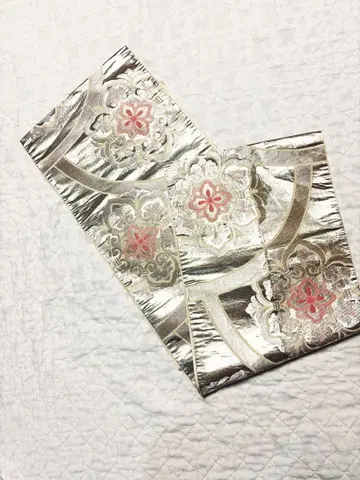 실버 핑크 꽃무늬 순수 실크 후쿠로 오비