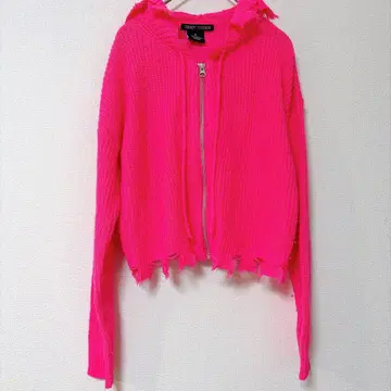트렌디 스레드 니트 후드티 데미지 긴팔 크롭 핑크
