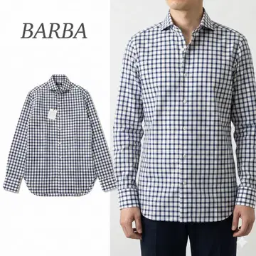 P93 미사용 새상품 M 바르바 체크 무늬 긴팔 셔츠 네이비 남성용