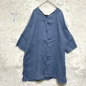 린넨 셔츠 원피스풍 반팔 블루 린넨 100% 루즈핏 여성용 F