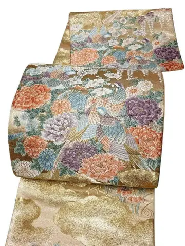 A26 후쿠로 오비 새상품급 [부귀화조] 금실 당조 기모노 순수 실크