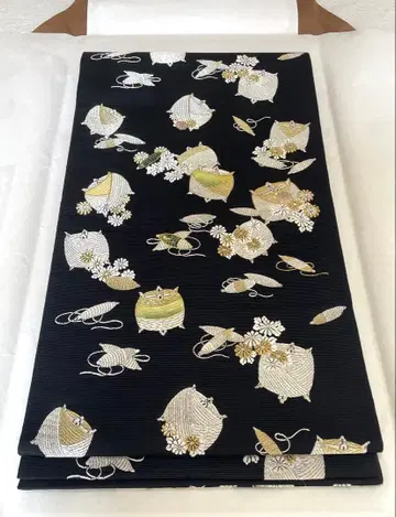 나전칠기가 아름다운 실 감개 문양 후쿠로 오비 순수 실크 블랙 육통 무늬