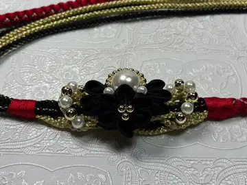 b-045 순수 실크 허리띠 후리소데 츠마미자이쿠 펄 꽃 장식 블랙