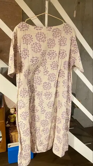 꽃무늬 (수국 패턴) 면린넨 반팔 롱 원피스