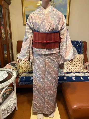 코몬 이중 기모노 연보라 꽃무늬 오비 포함
