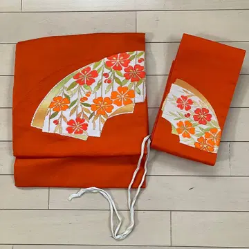 4.28 앤티크 오비 주홍색 부채 문양 벚꽃 늘어진 벚꽃 146cm