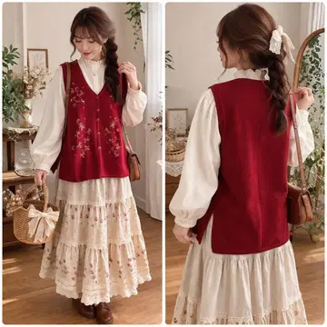 택 포함 새상품 자수 베스트 빨간색 모리걸 레트로 꽃무늬 F