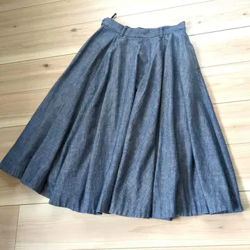 45R 데님 인디고 개더 플레어 스커트 사이드 포켓 부착