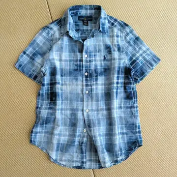 새상품 랄프 로렌 포니 자수 린넨 면 반팔 셔츠 체크 S 네이비 Y2K