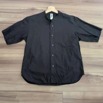 MHL 밴드 카라 반팔 셔츠 블랙 린넨 혼방