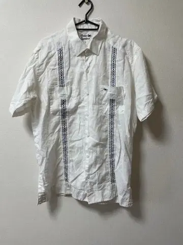 Texas Standard 린넨 혼방 자수 반팔 셔츠 L 멕시코제 화이트